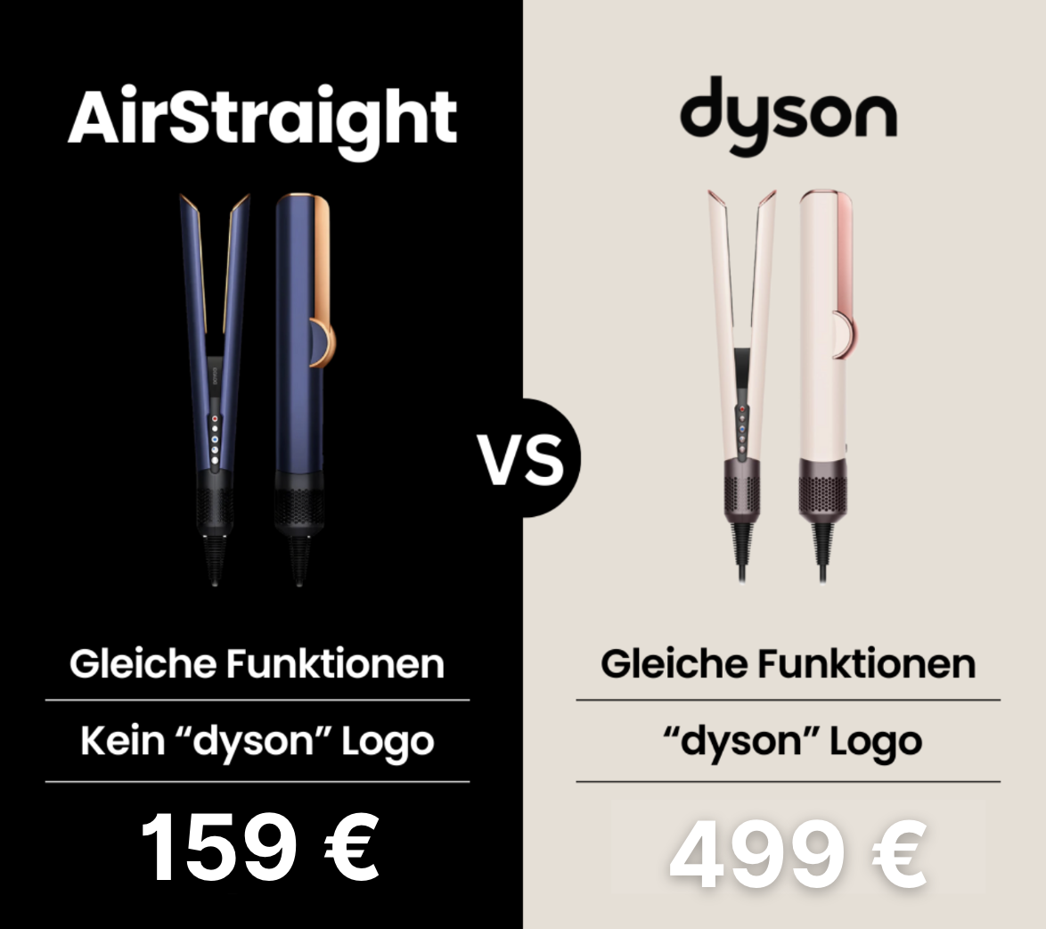 Comparison of two hair styling devices with different logos and prices.