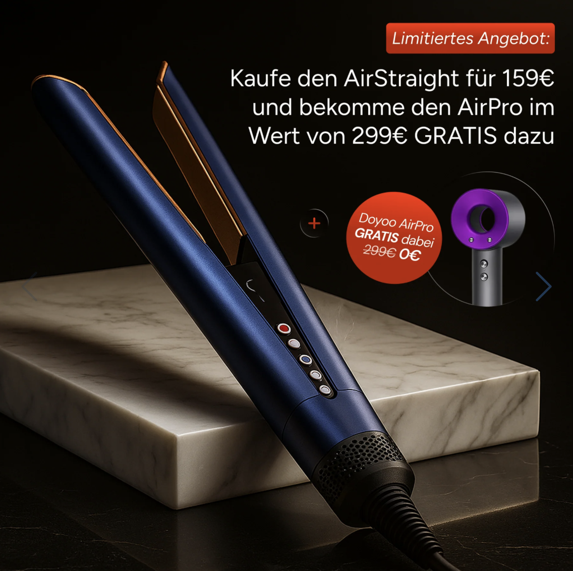 Blue and orange hair straightener on marble surface with text offer in German.