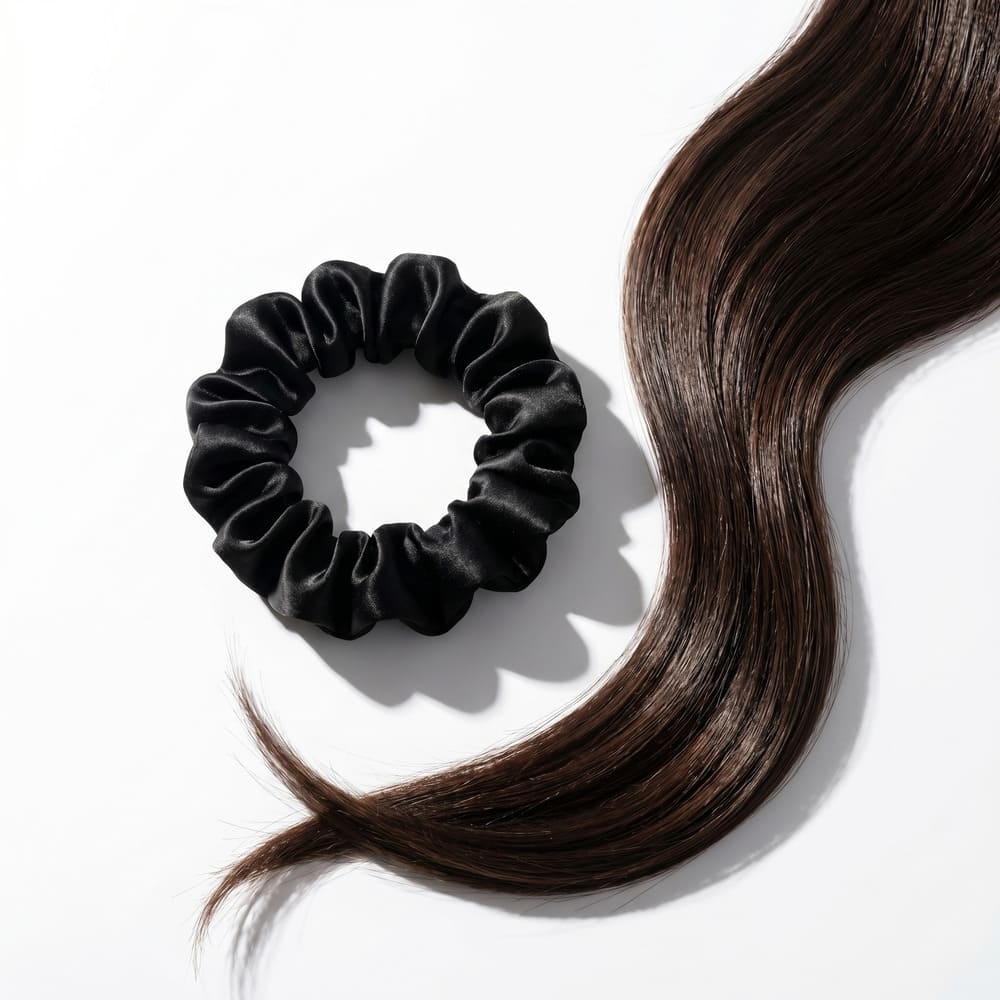 A black satin scrunchie sits next to a lock of shiny, brown hair on a white background.