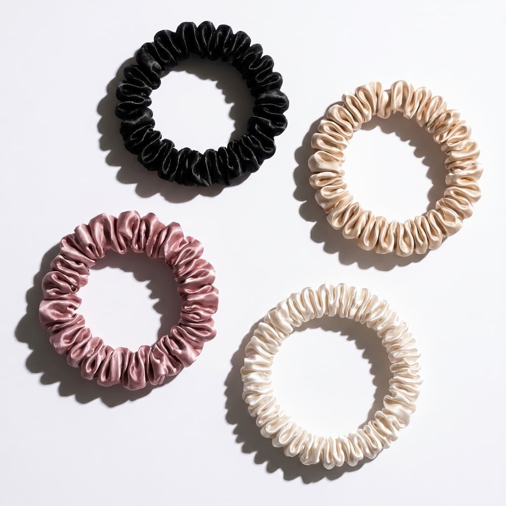 Four silk scrunchies in black, beige, pink, and white laid flat on a white surface.