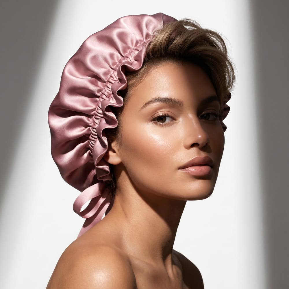 A woman with bare shoulders wearing a ruffled pink satin bonnet looks directly at the camera.
