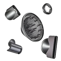 Various hair dryer attachments on a white background.
