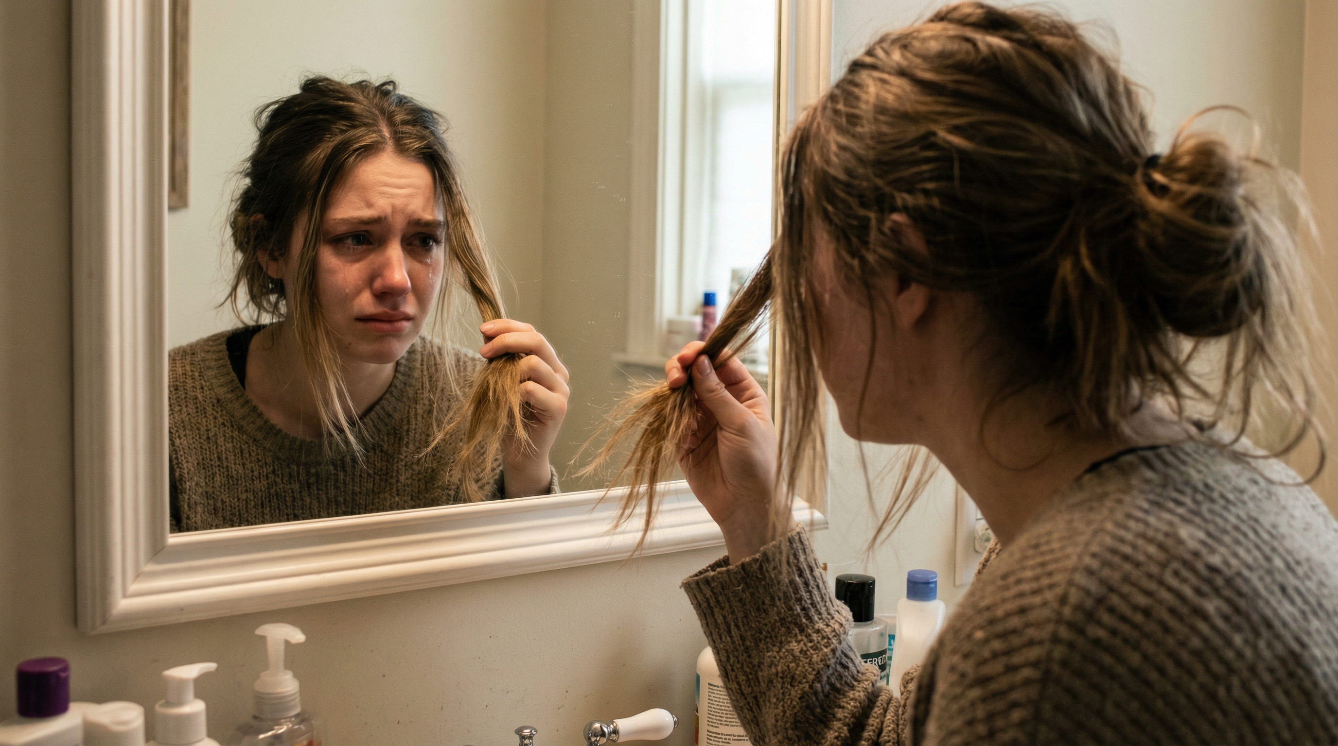 Person looking at hair in the mirror, appearing upset.