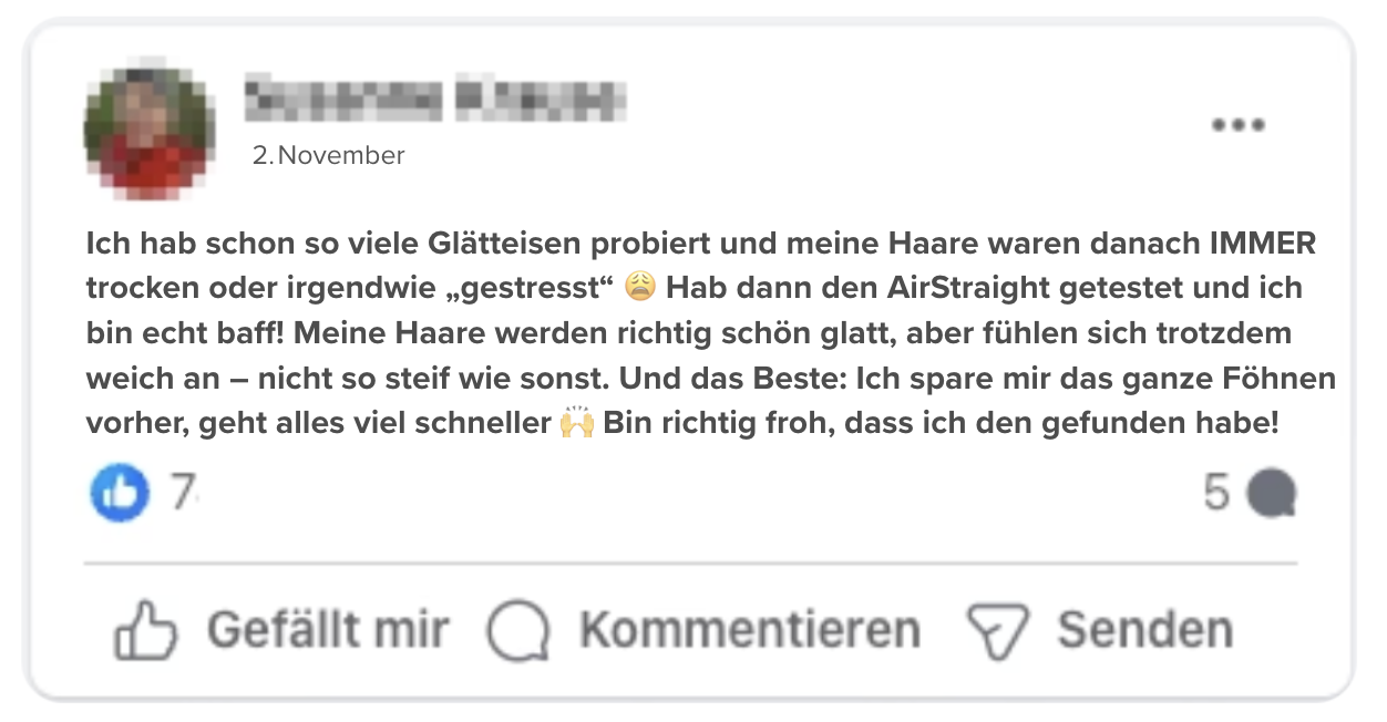 Social media post in German with text and engagement icons.