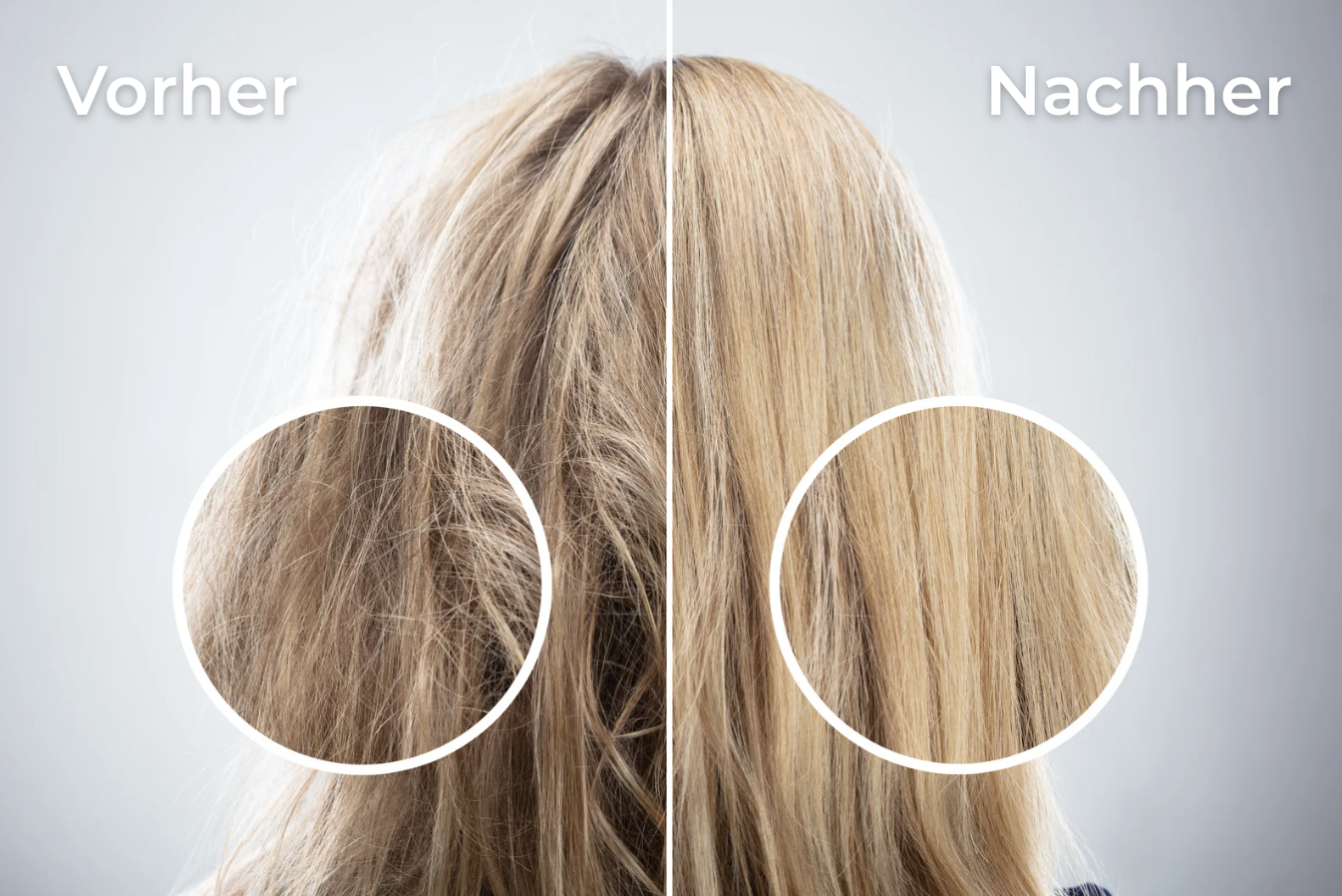 Split image of messy and smooth blonde hair with close-up circles.