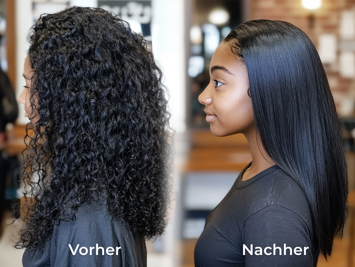 Side-by-side comparison of curly and straight hair on the same person.