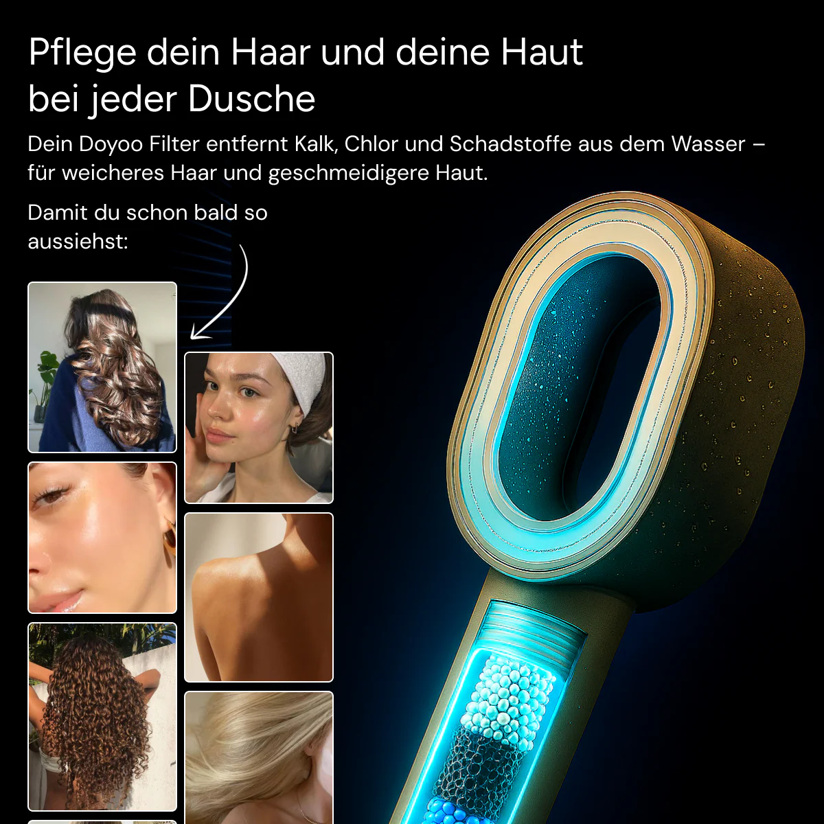 Images of hair and skin care around a glowing showerhead product.
