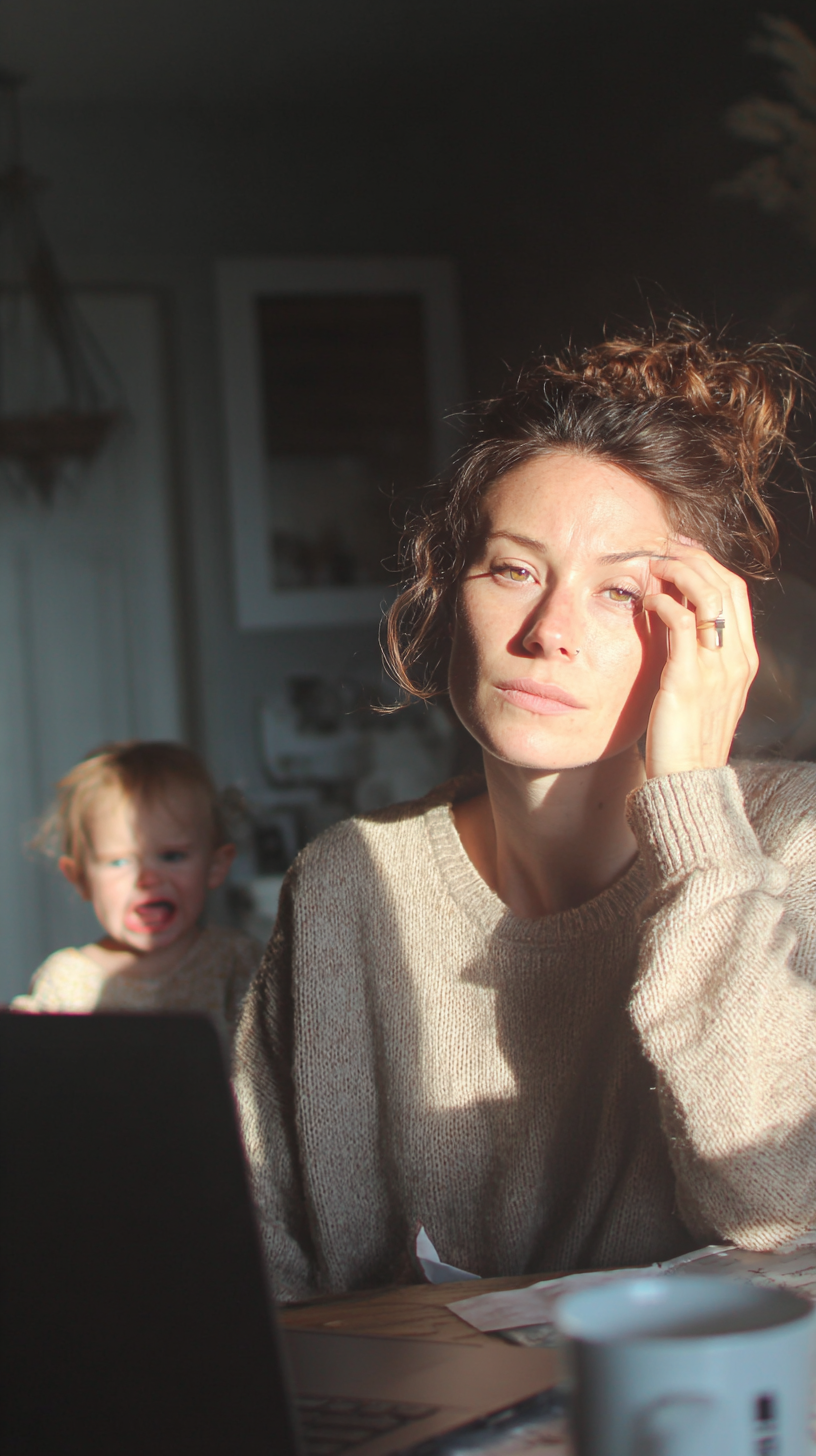 A woman looks thoughtfully into the camera while a young child cries in the background.