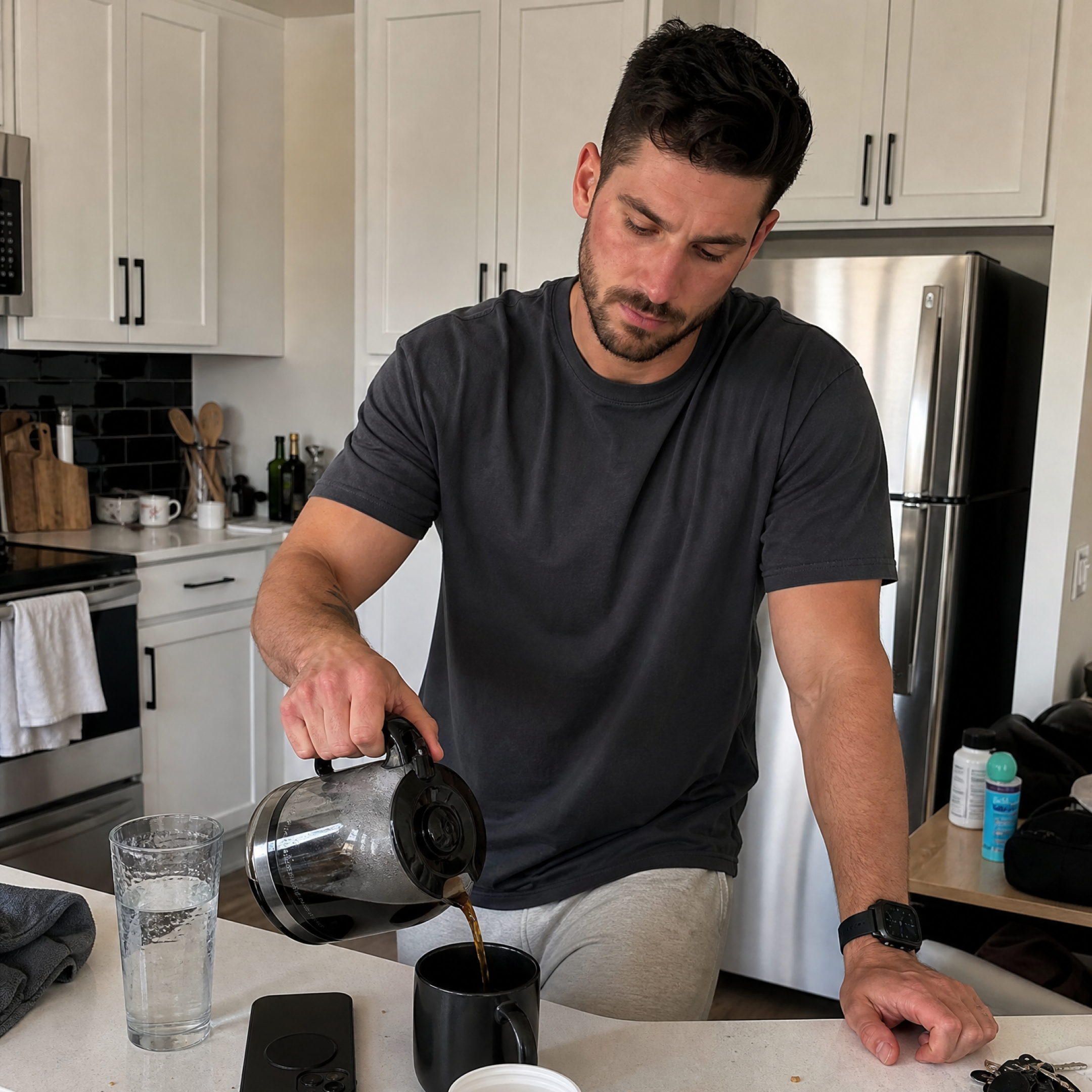 A man in a grey t-shirt stands in a kitchen pouring coffee from a pot into a mug.