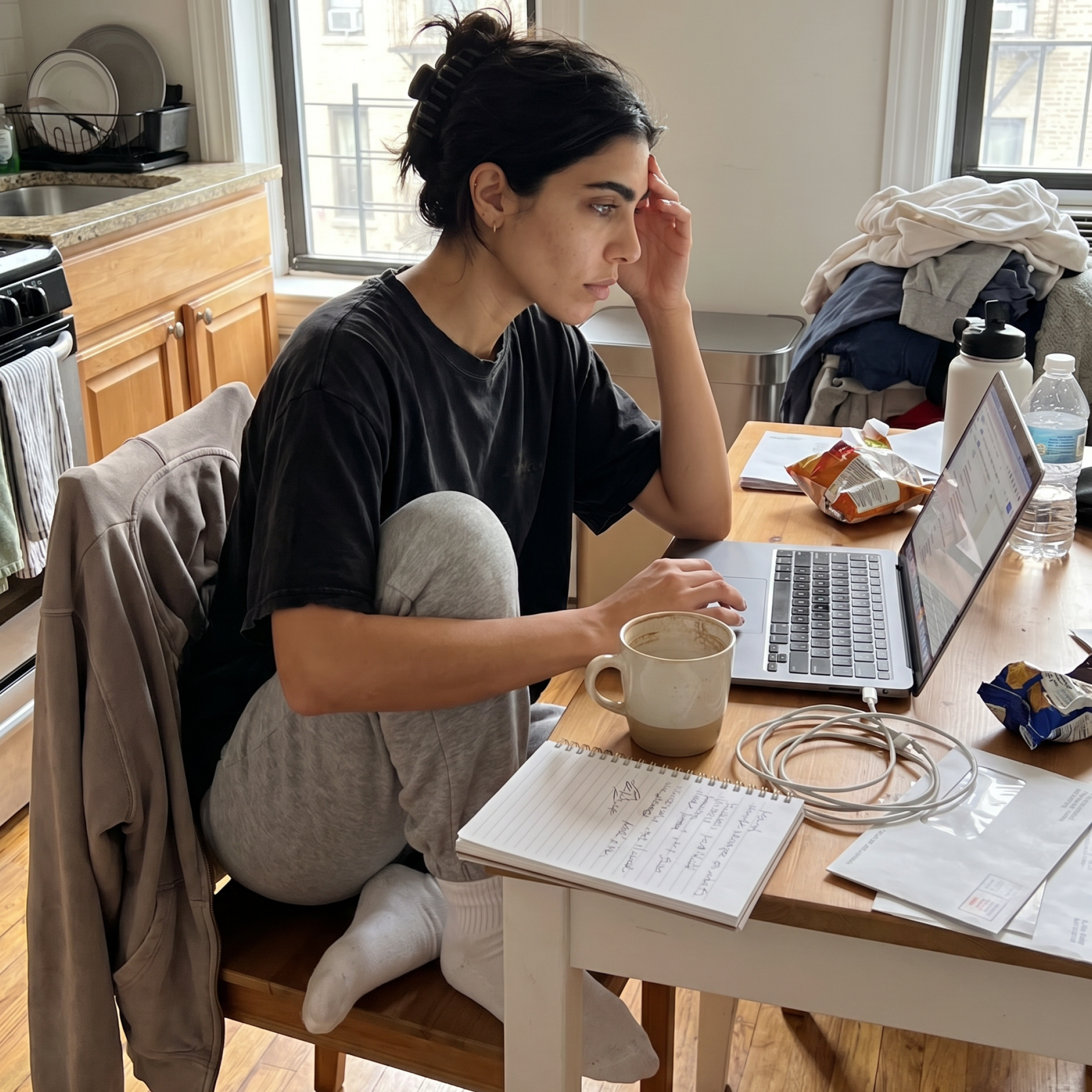 A woman in casual clothing sits at a cluttered table, looking intently at her laptop screen.
