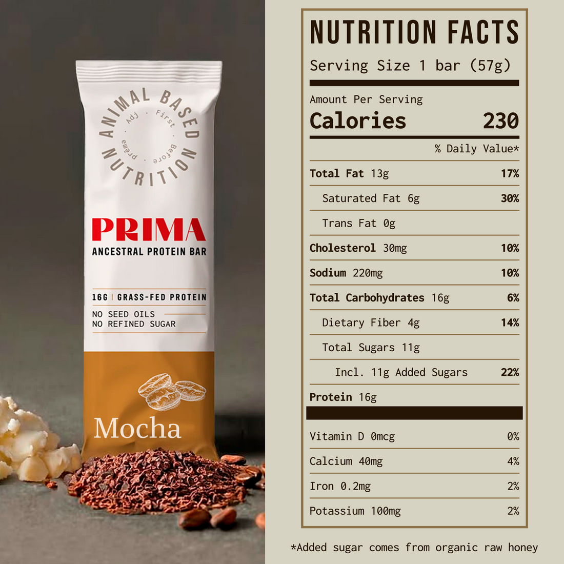 Protein bar packaging with nutrition facts and ingredients on a beige background.