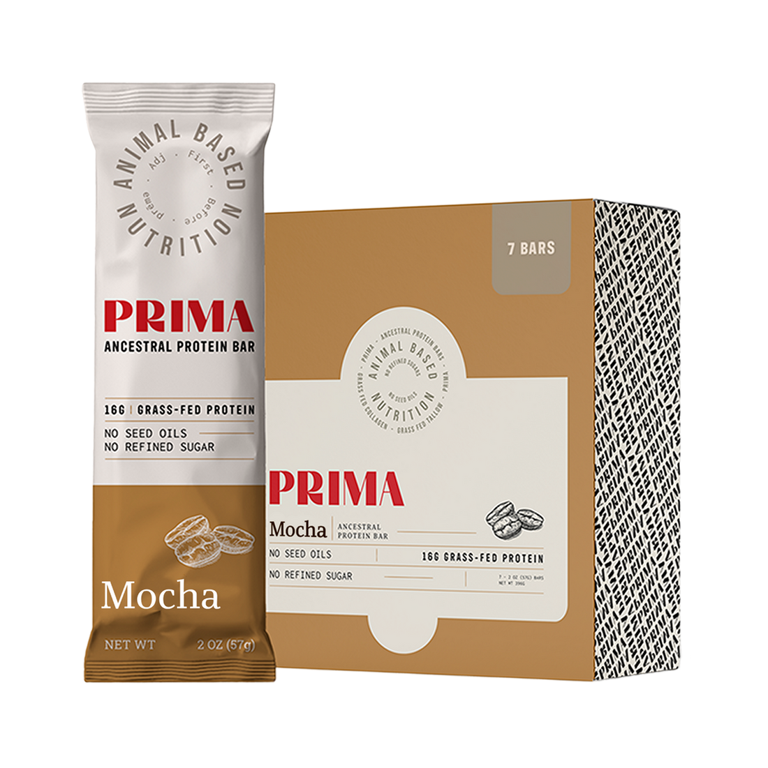 Prima Mocha protein bar and box with nutritional details.