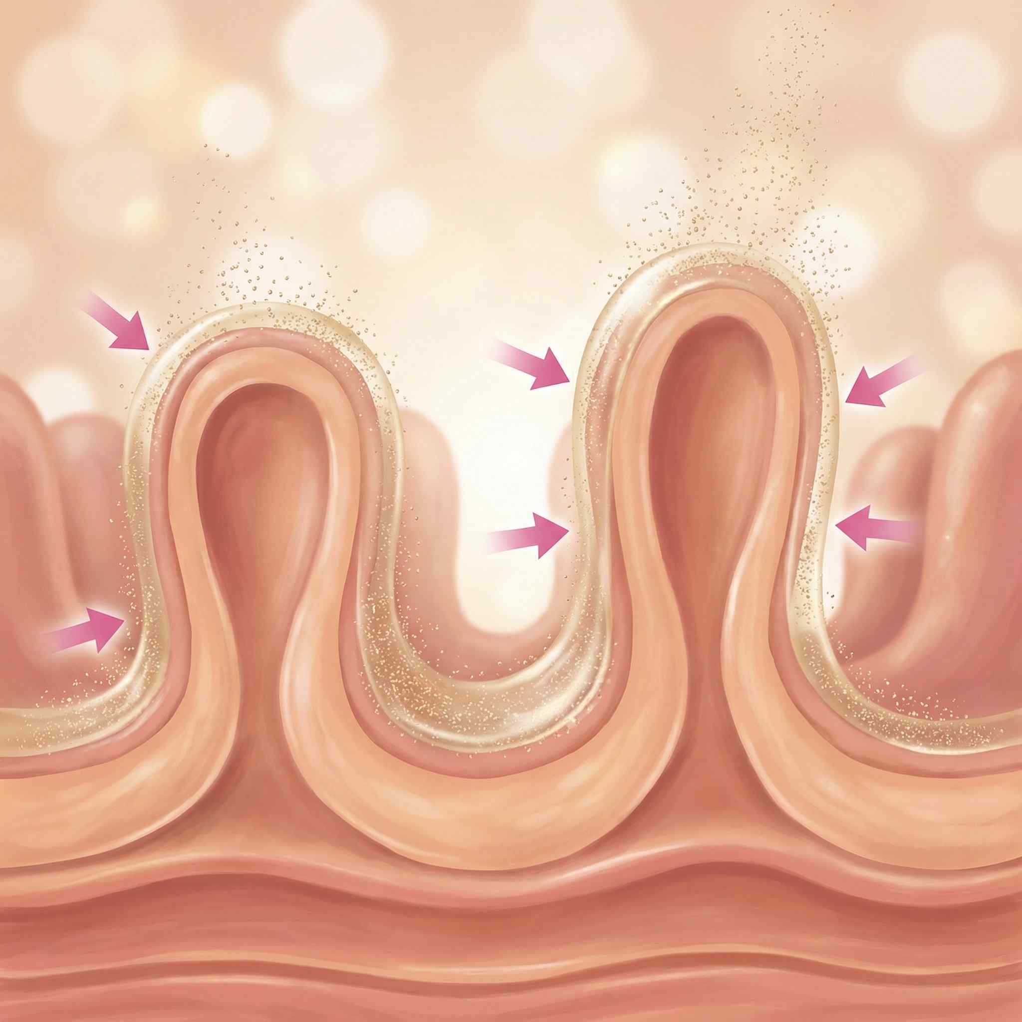 An illustration showing a cross-section of tissue folds with pink arrows pointing inward towards the surface.