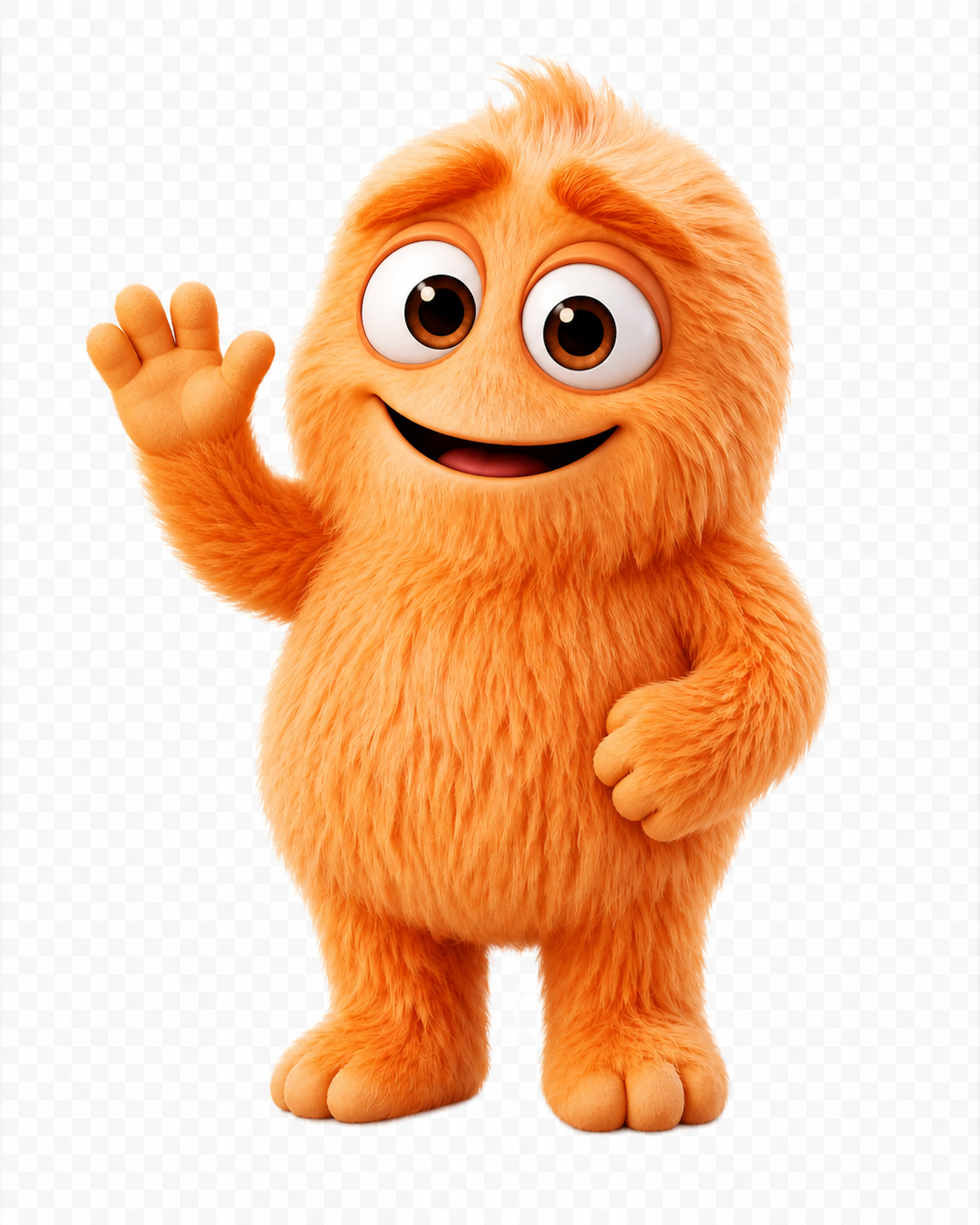 A friendly, orange, furry cartoon monster smiling and waving.