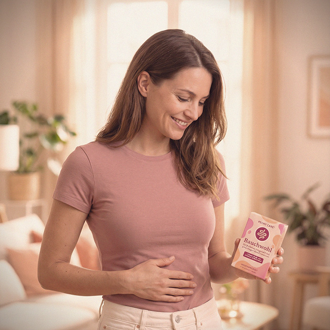 A smiling woman in a pink shirt holds a small box while resting her other hand on her stomach.