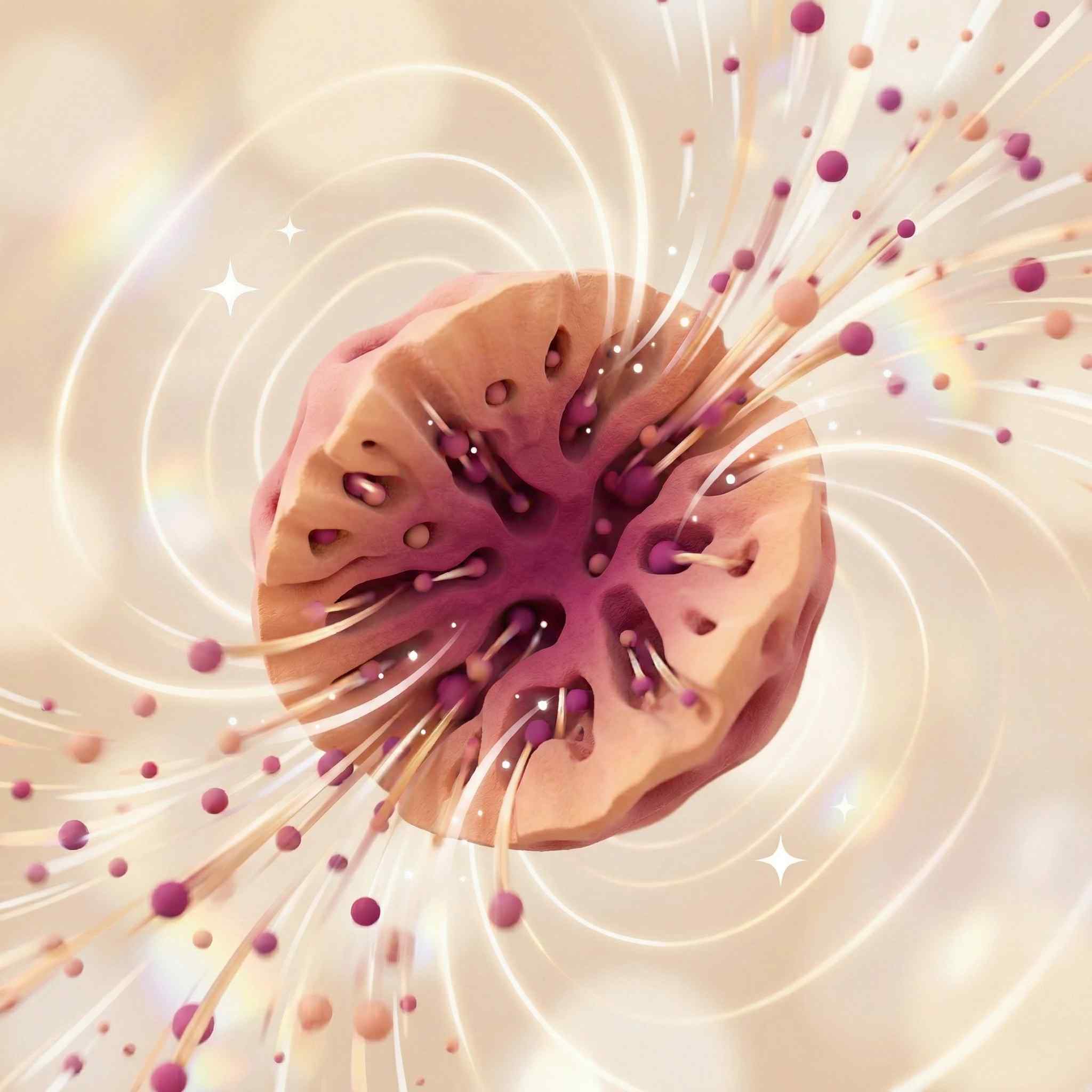 A computer-generated image of a porous pink object emitting particles amidst swirling lights and sparkles.