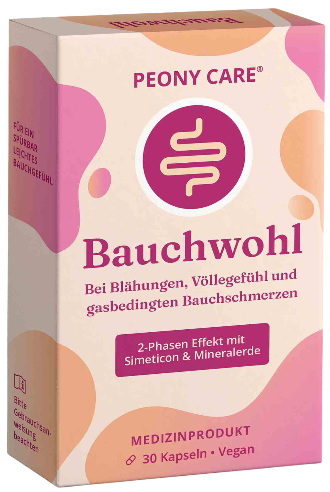 A box of Peony Care Bauchwohl, a German medical product with 30 vegan capsules against bloating and gas.