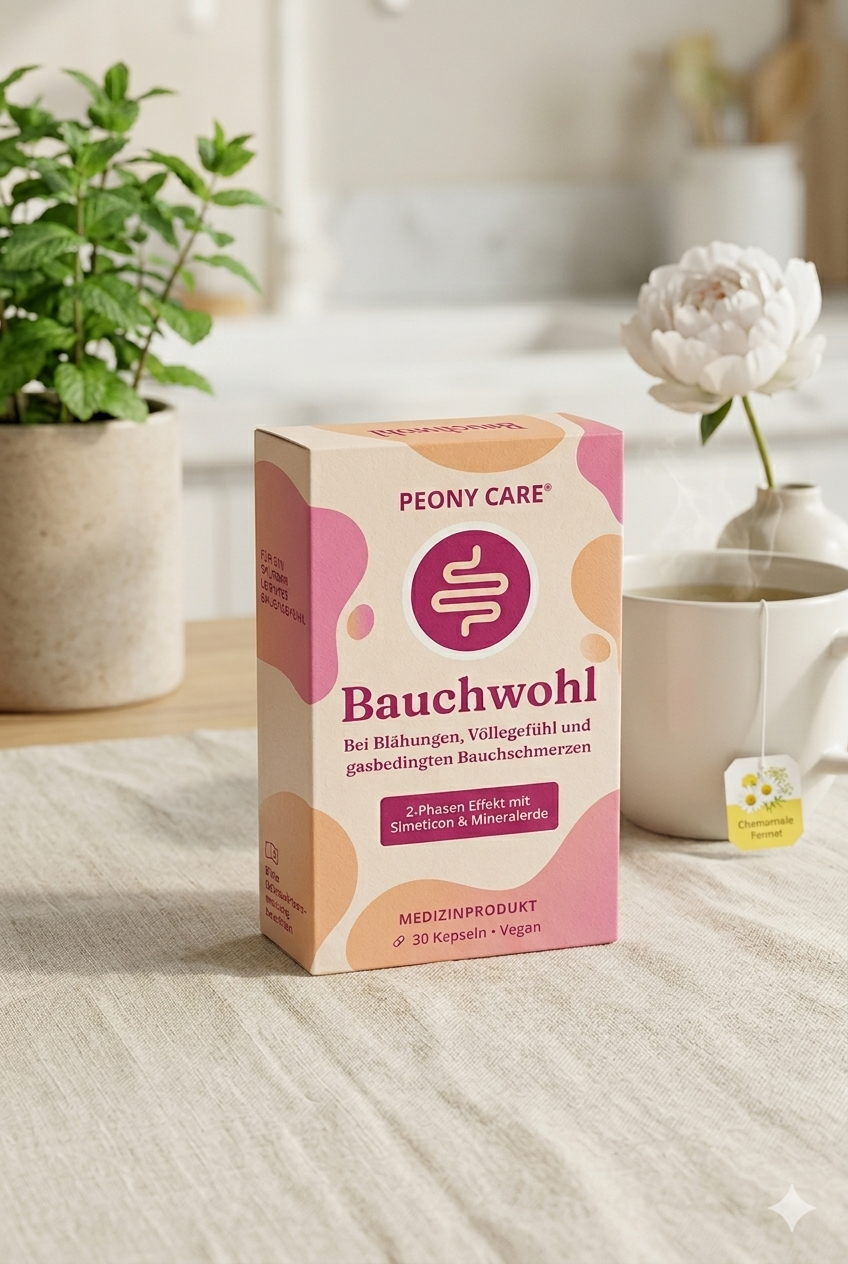 A box of Peony Care Bauchwohl supplement on a table with a cup of tea and a mint plant.