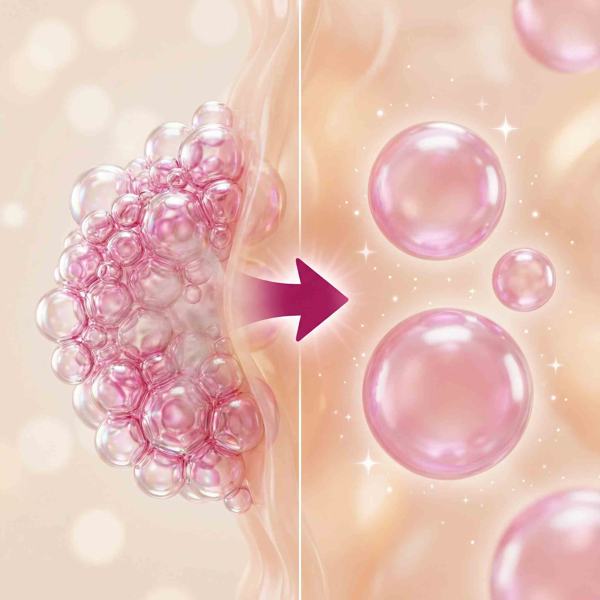 A graphic showing a cluster of small pink bubbles transforming into larger, separate, sparkling pink bubbles.