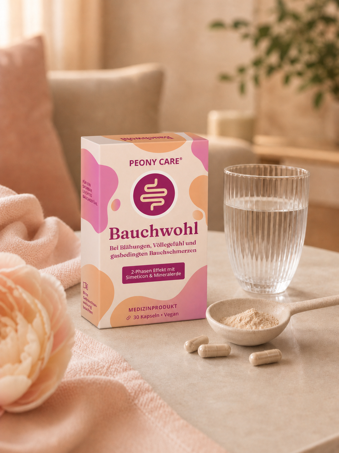A box of Peony Care Bauchwohl, a German medical product for digestive issues, on a white background.