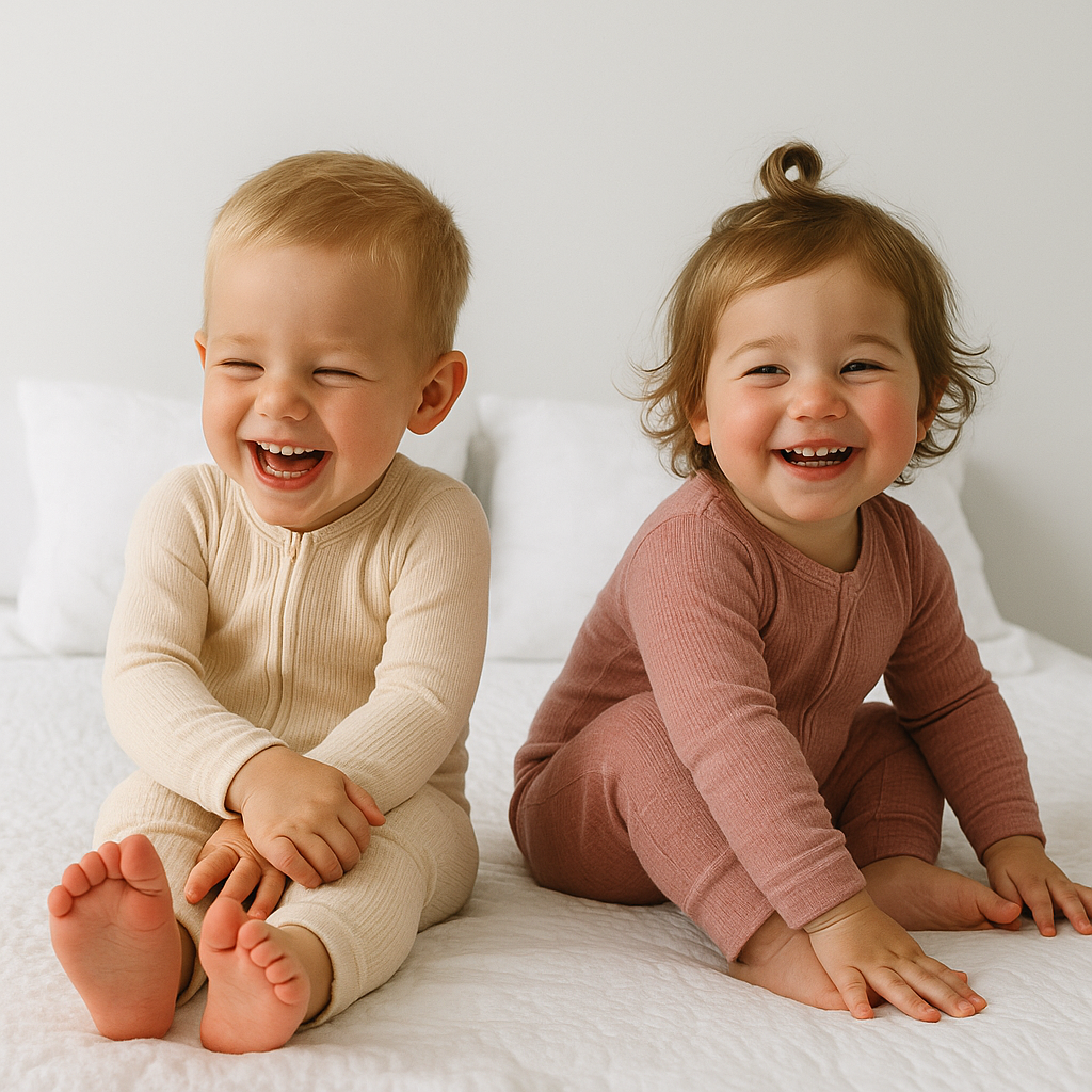 Two toddlers sitting on a bed, smiling and wearing pajamas.