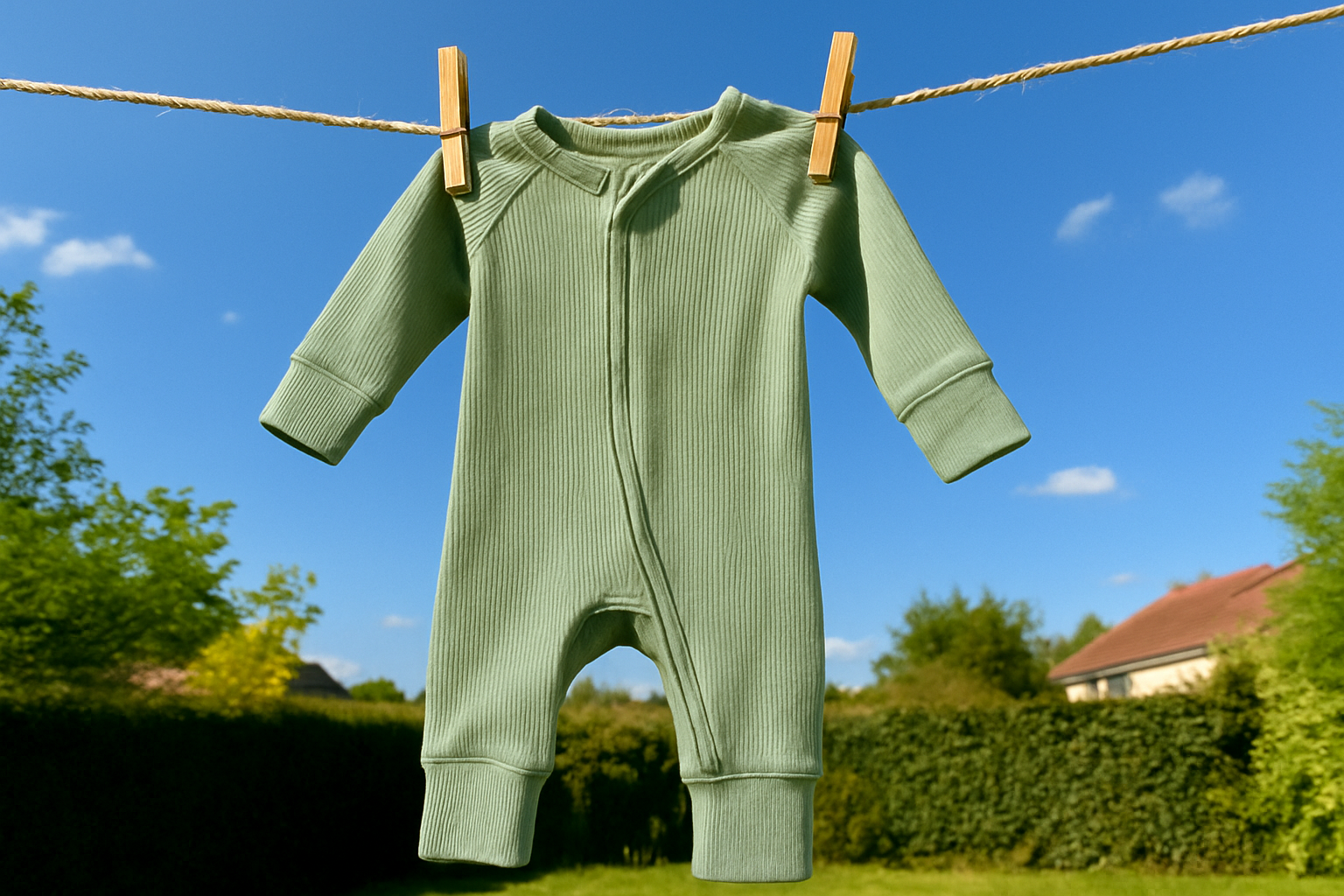 Green baby onesie hanging on a clothesline outdoors.