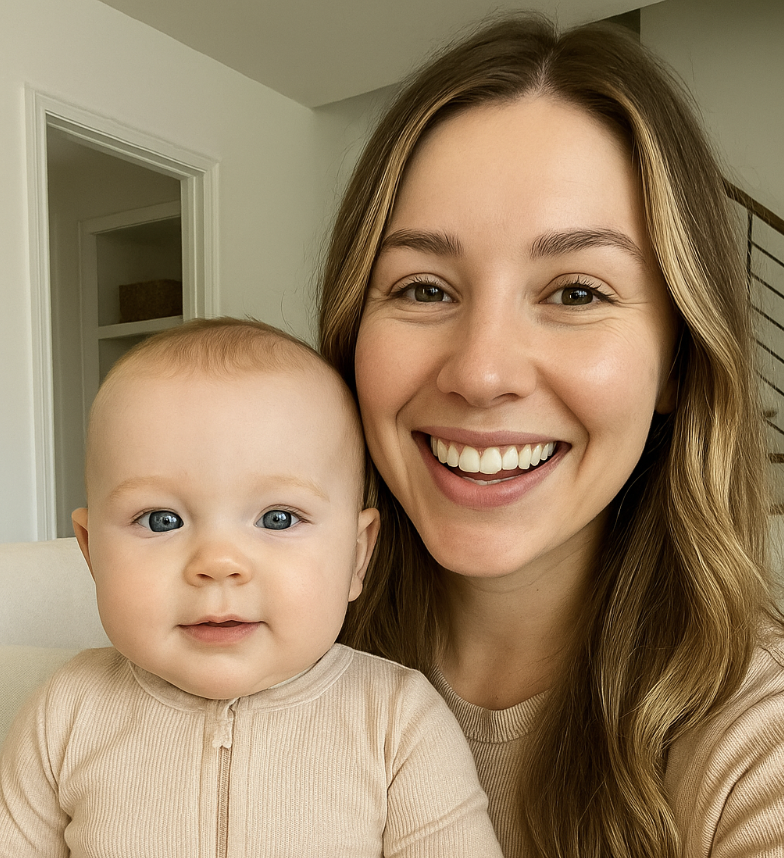 Smiling woman holding a baby indoors.