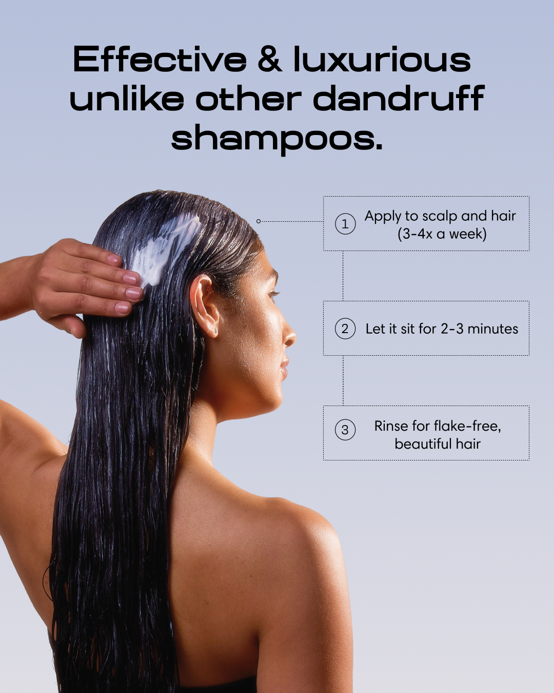 Person applying shampoo with instructions and text about dandruff shampoo benefits.