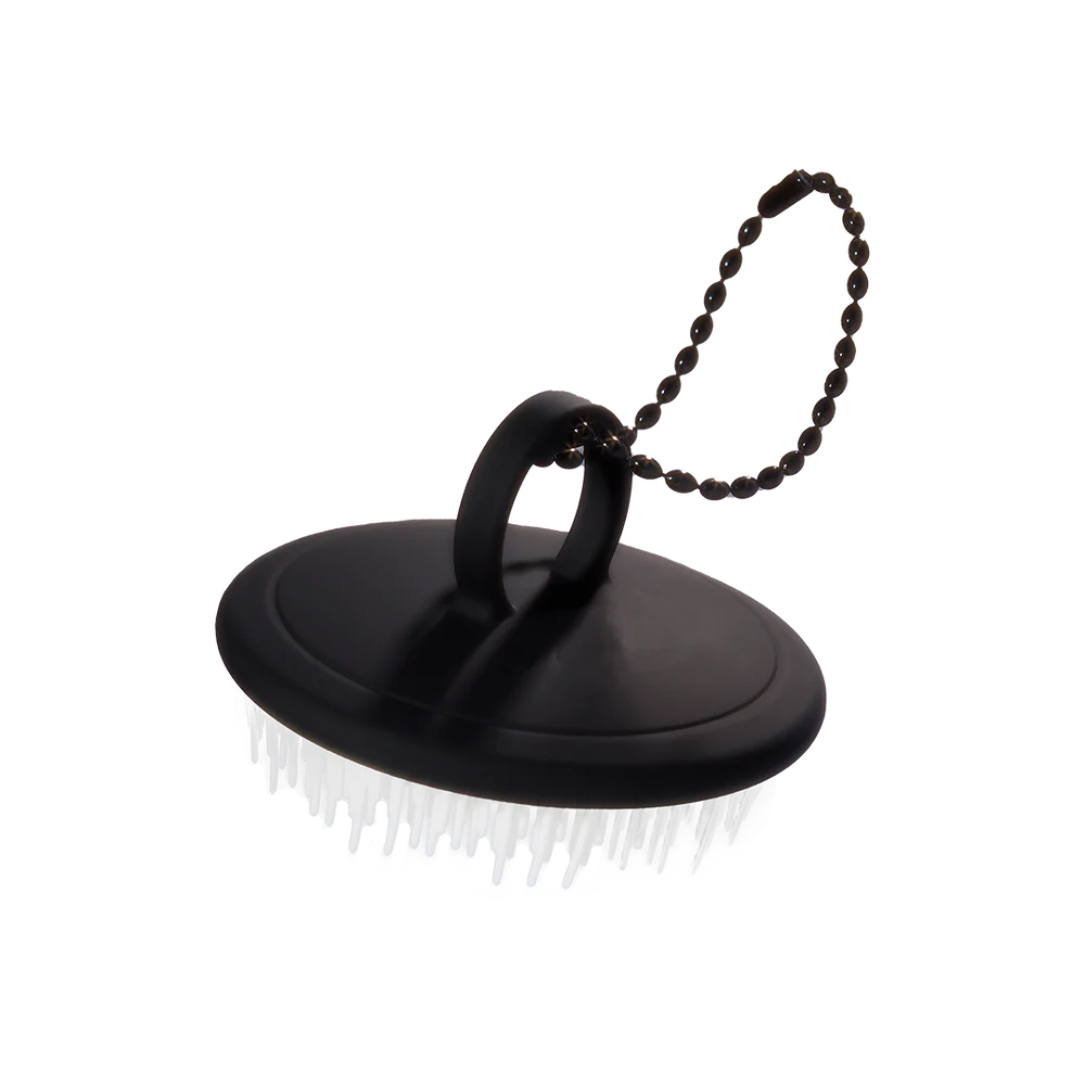 Black round brush with white bristles and a chain handle.