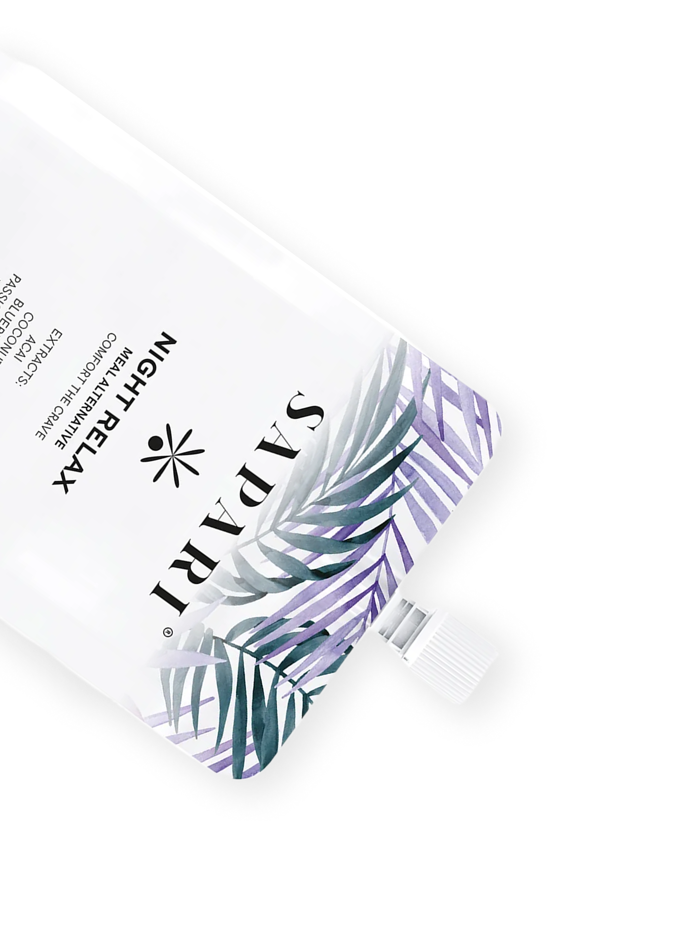 White cosmetic pouch with purple and green leaf design, labeled 'Night Relax' and 'SAPARI.'