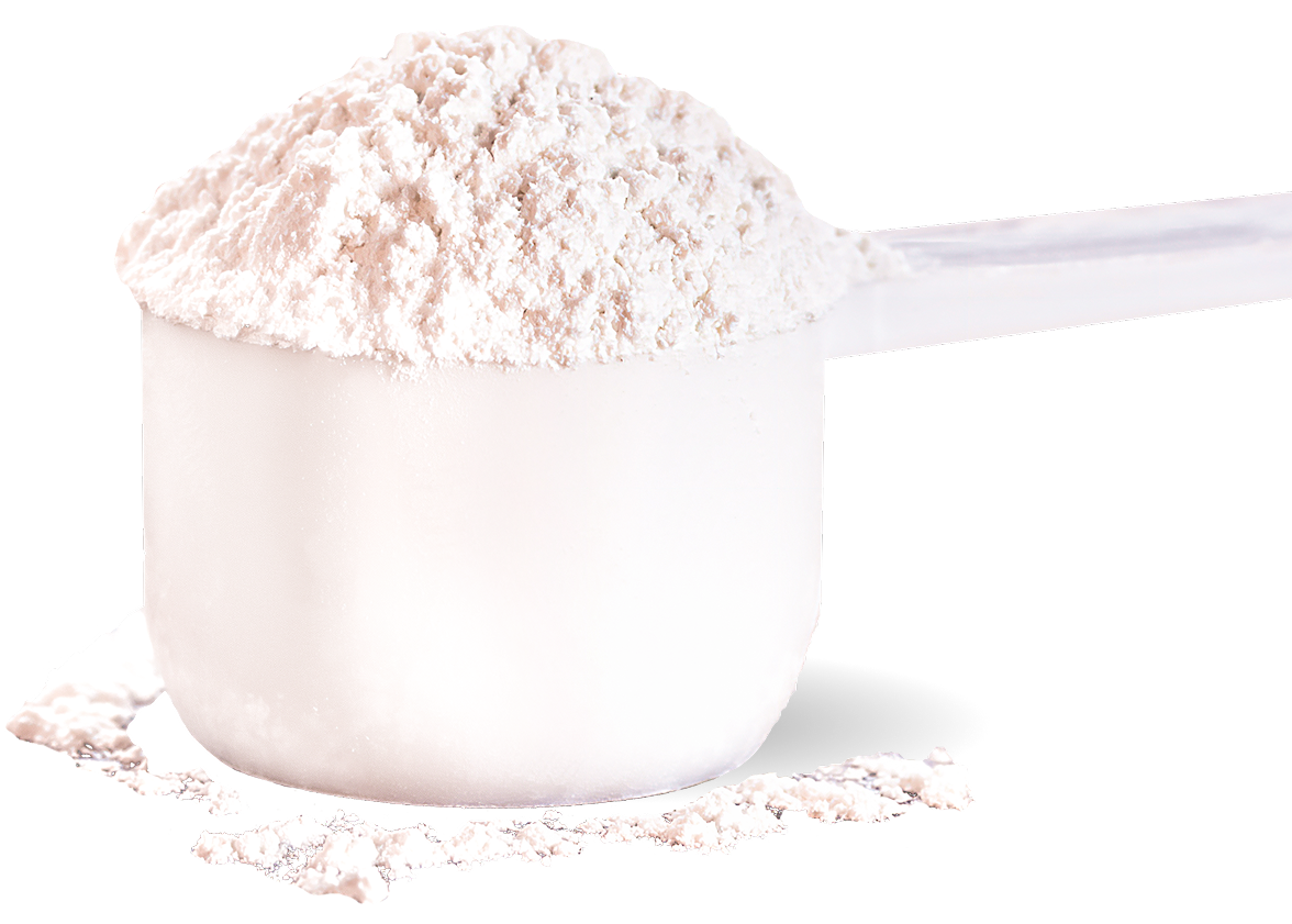 A scoop of protein powder with overflowing white powder.