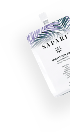 A sachet labeled 'SAPARI Night Relax' with a leaf design.