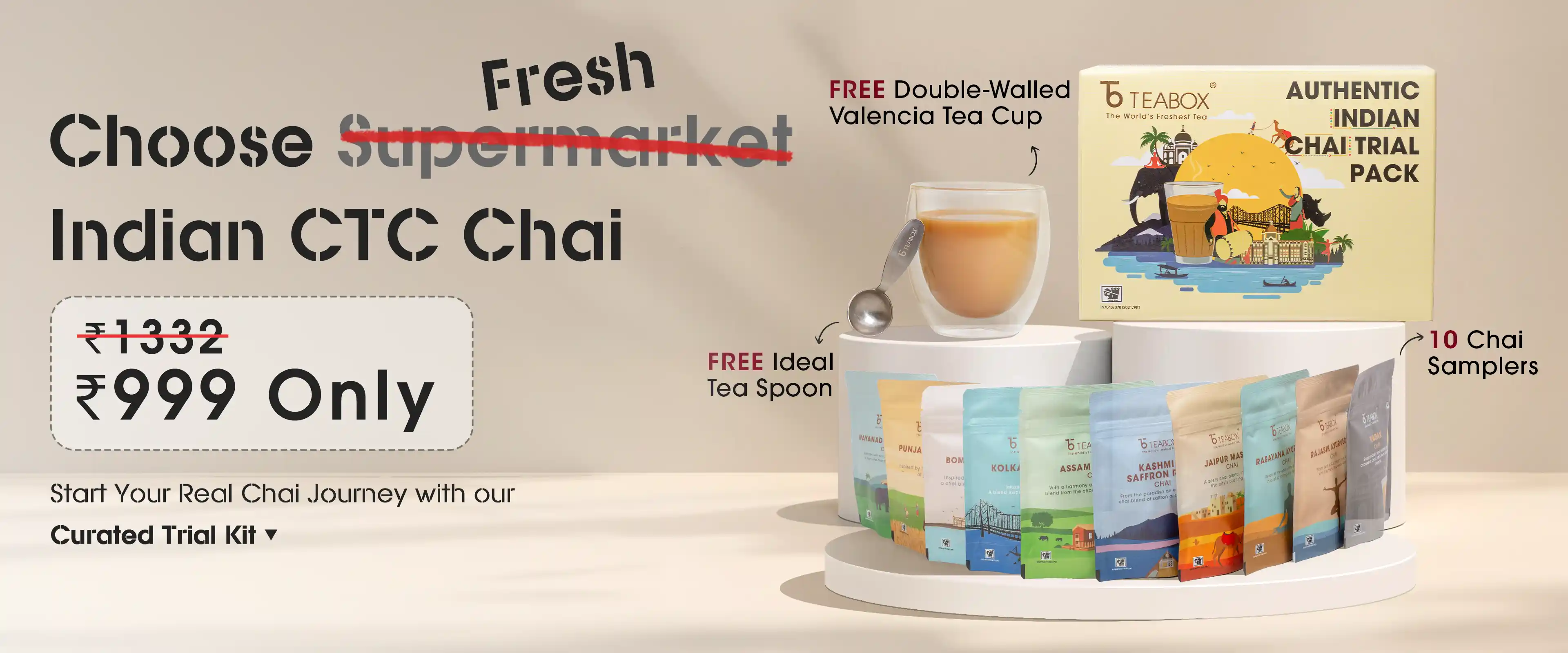 Promotional image for Indian CTC Chai with tea cup, spoon, and chai sampler packs.