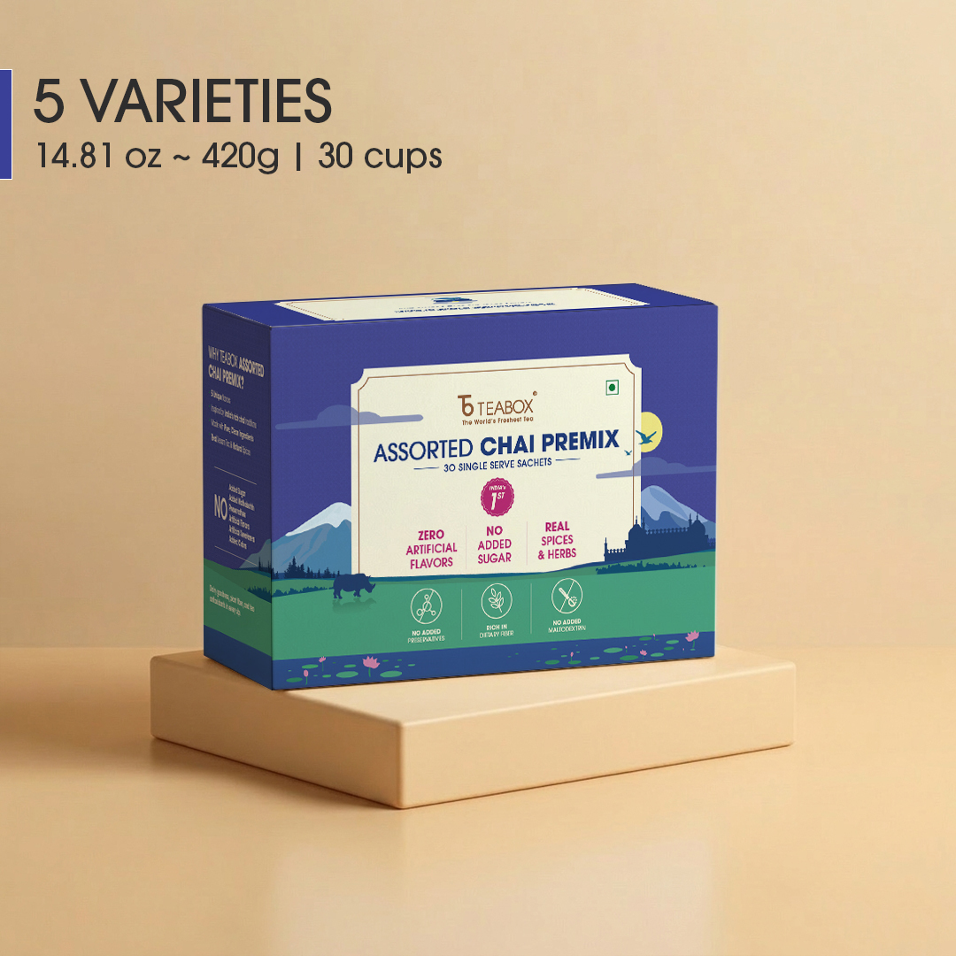 A blue and green box of Teabox Assorted Chai Premix resting on a cream-colored pedestal.