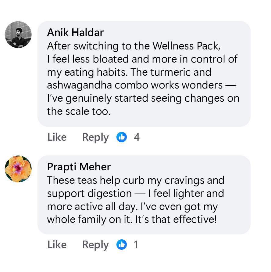 Two social media comments about wellness products with likes and reply options.