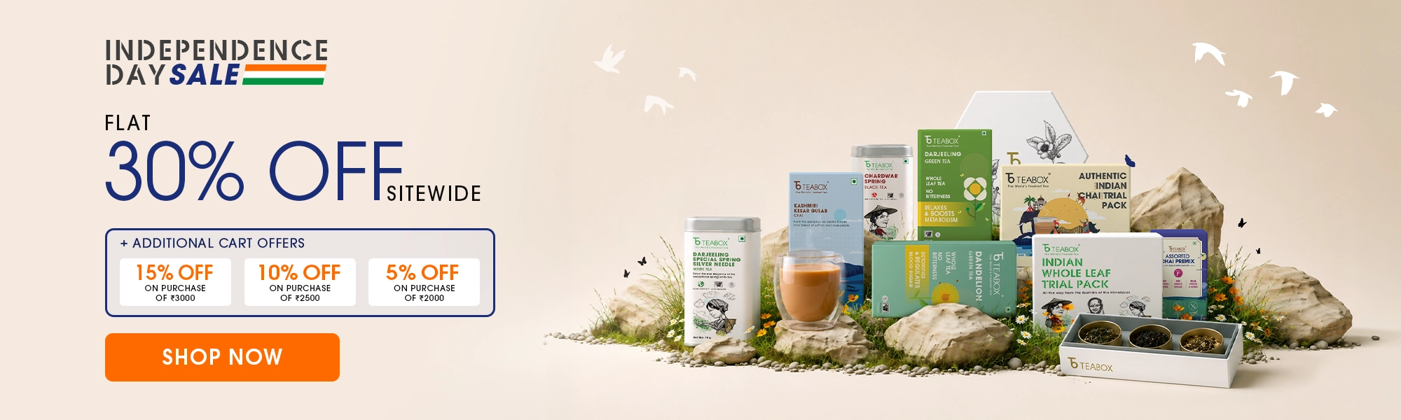 A promotional banner for Teabox's Independence Day Sale, showing various tea products and discount offers.