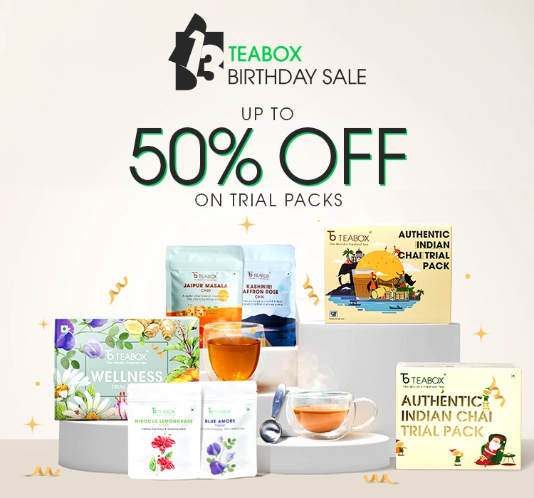 A promotional graphic for Teabox's birthday sale, featuring various tea trial packs and a 50% off offer.