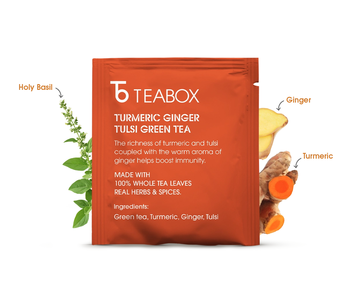 Packaging of Teabox Organic Turmeric Ginger Tulsi Green Tea with images of ingredients.