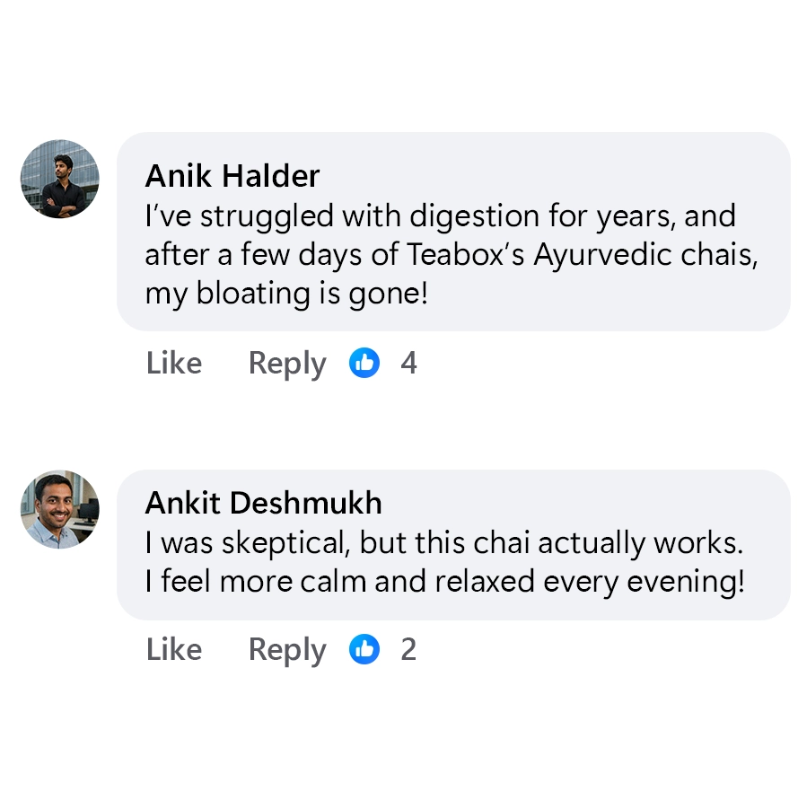 Two comments praising Ayurvedic chai for digestion and relaxation.