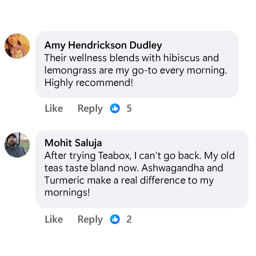 Two Facebook comments praising wellness tea blends.