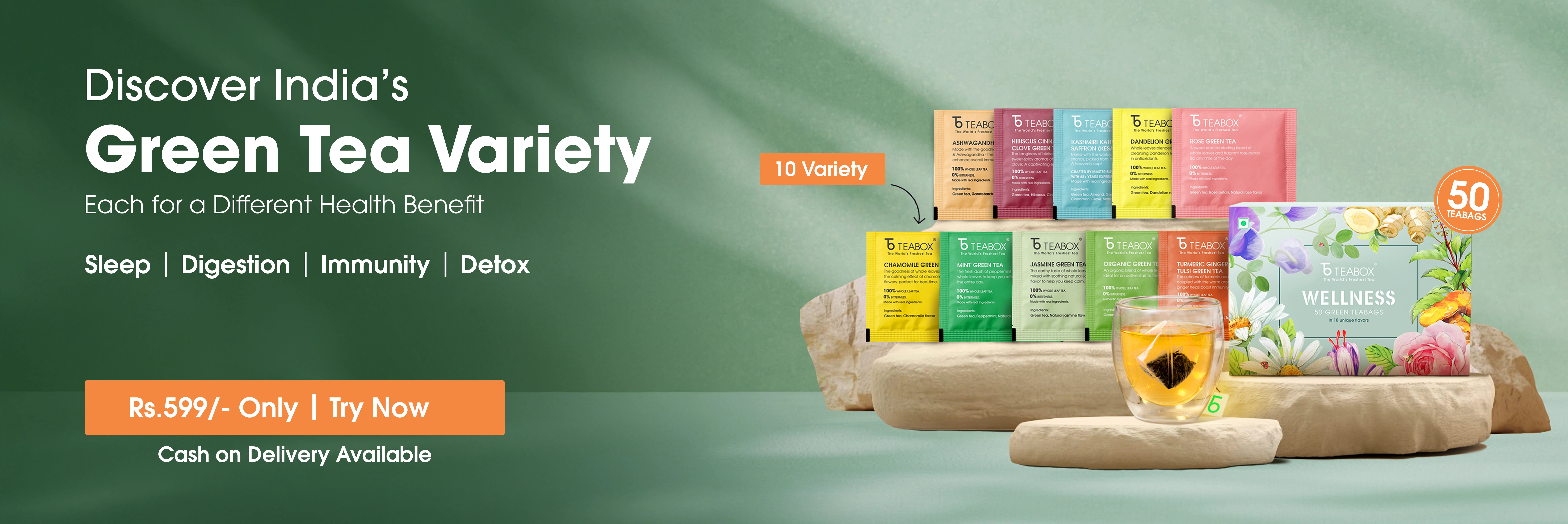 An advertisement for Teabox green tea, showing various tea bags, a box, and a cup of tea.