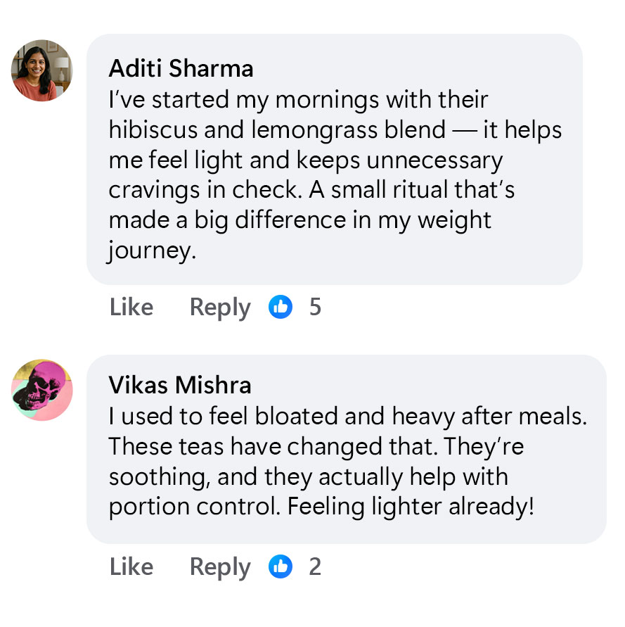 Screenshot of Facebook comments discussing benefits of herbal teas for weight management and digestion.