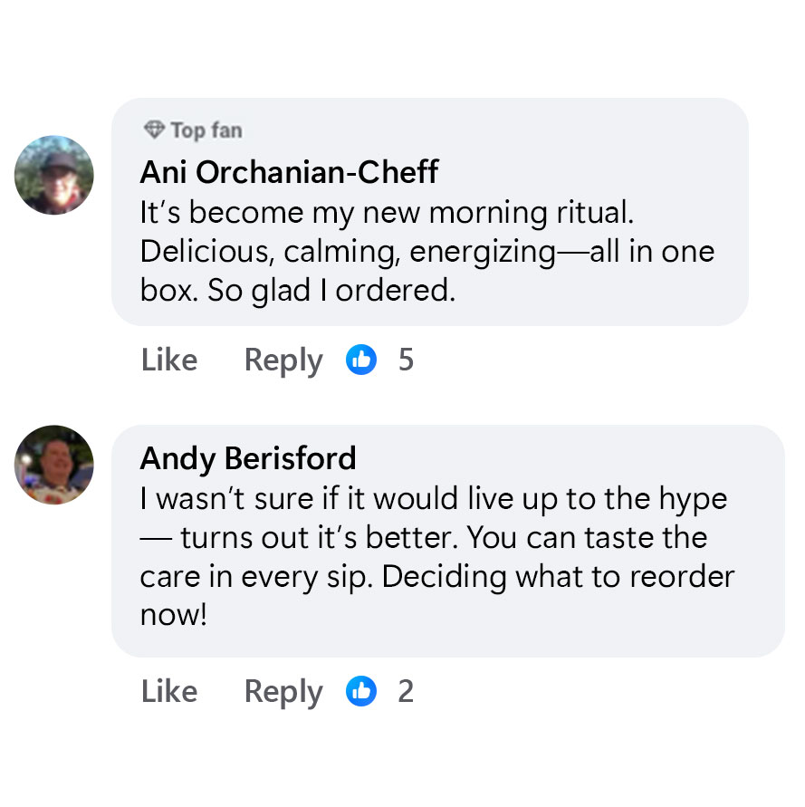Two social media comments praising a product, with likes and replies.