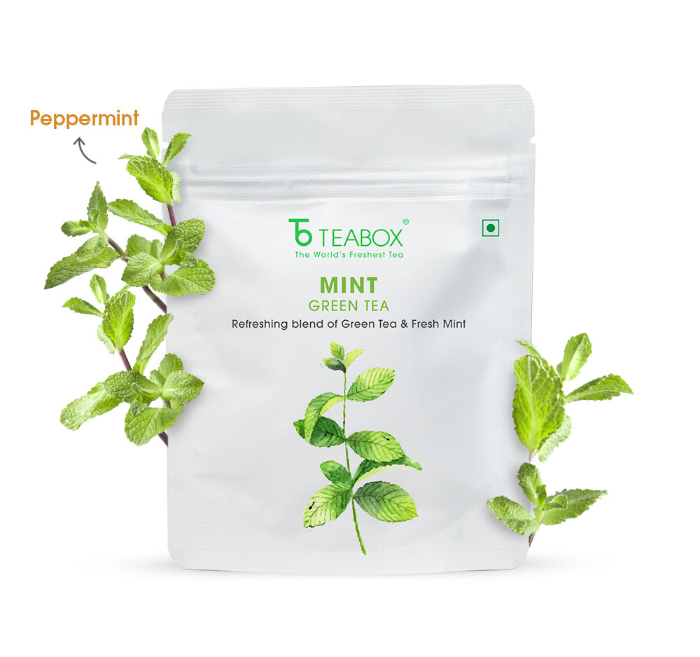 Teabox mint green tea package with fresh mint leaves around it.