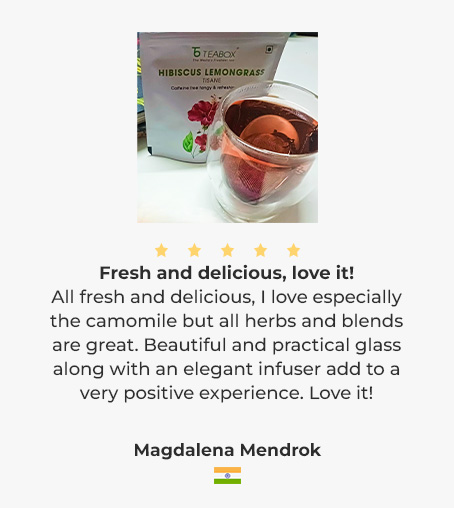 Tea review with a glass of hibiscus lemongrass tea and a positive customer testimonial.