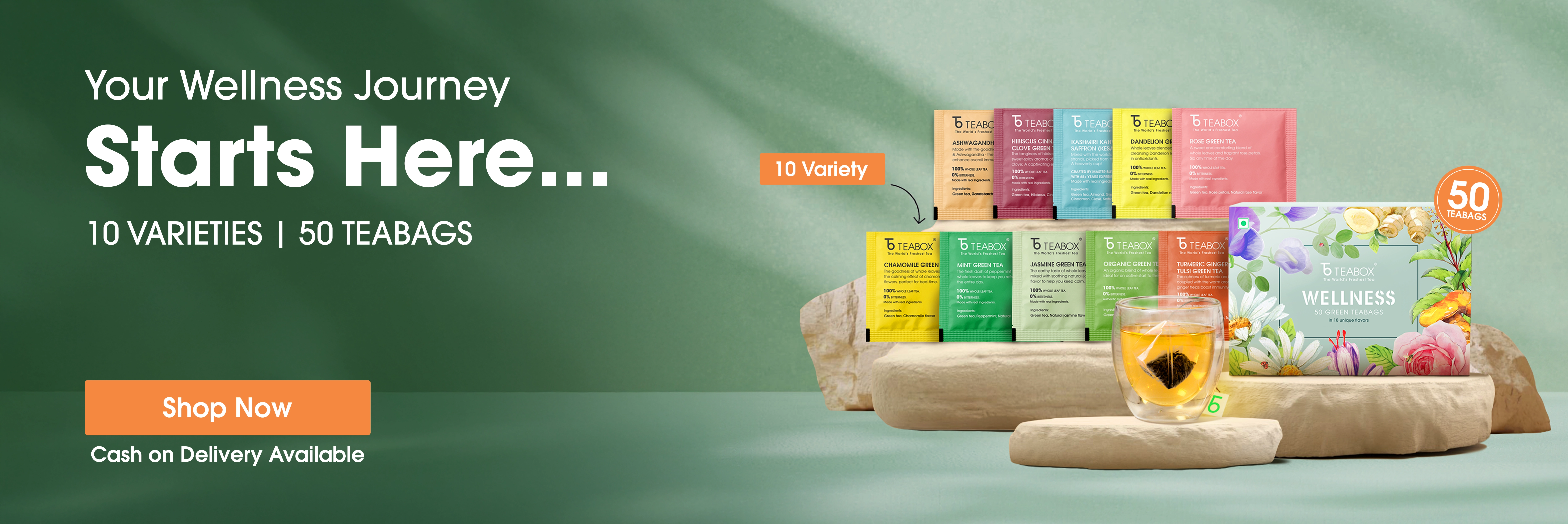 A promotional banner for Teabox wellness tea, showing various tea bags, a box, and a cup of tea.