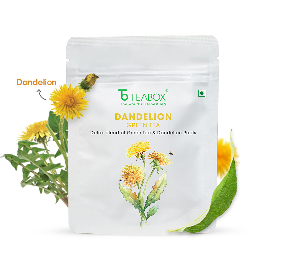 Dandelion green tea package with dandelion flowers and leaves illustration.
