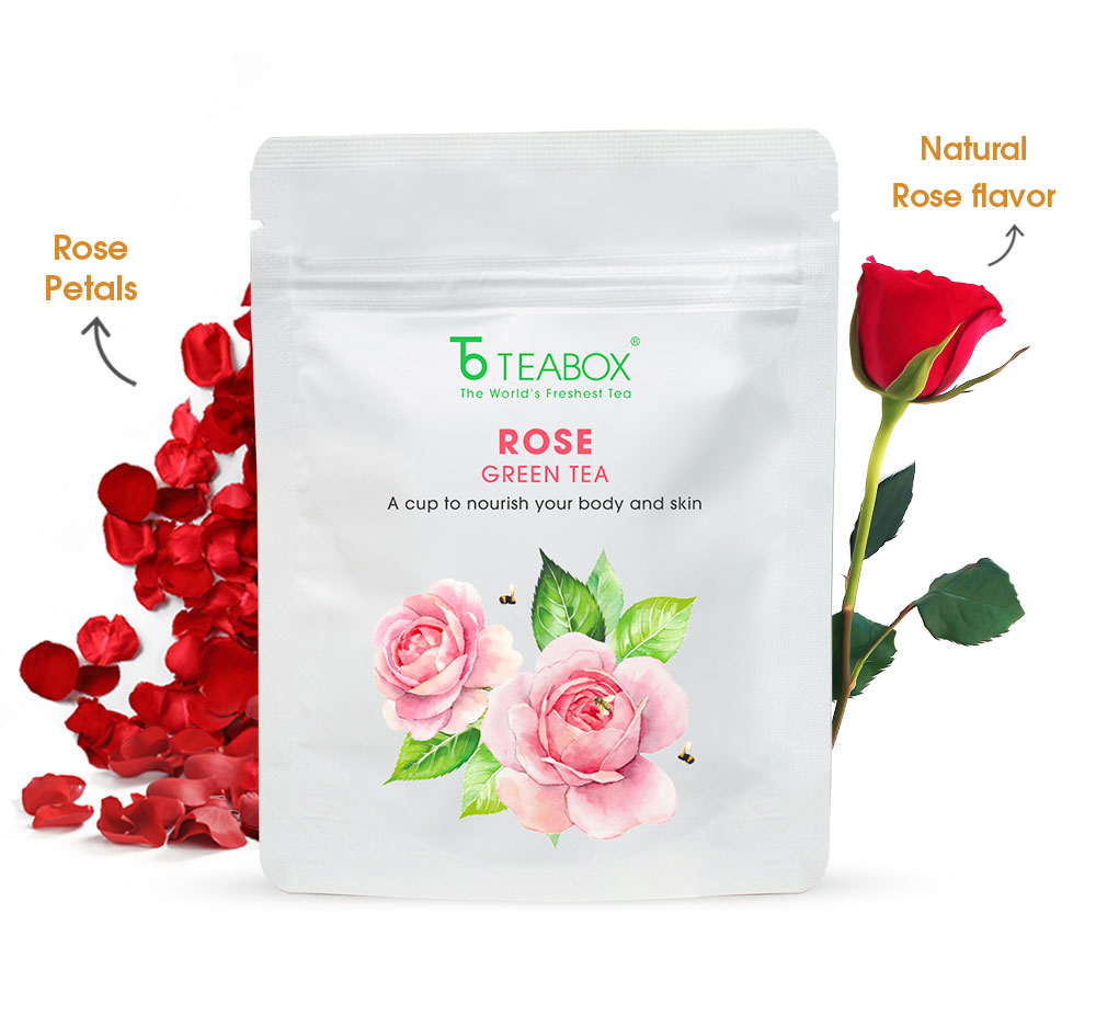 Rose green tea package with rose petals and a rose flower.