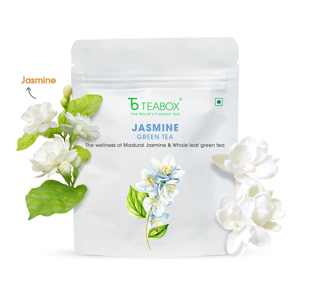 Jasmine green tea package with jasmine flowers and leaves.