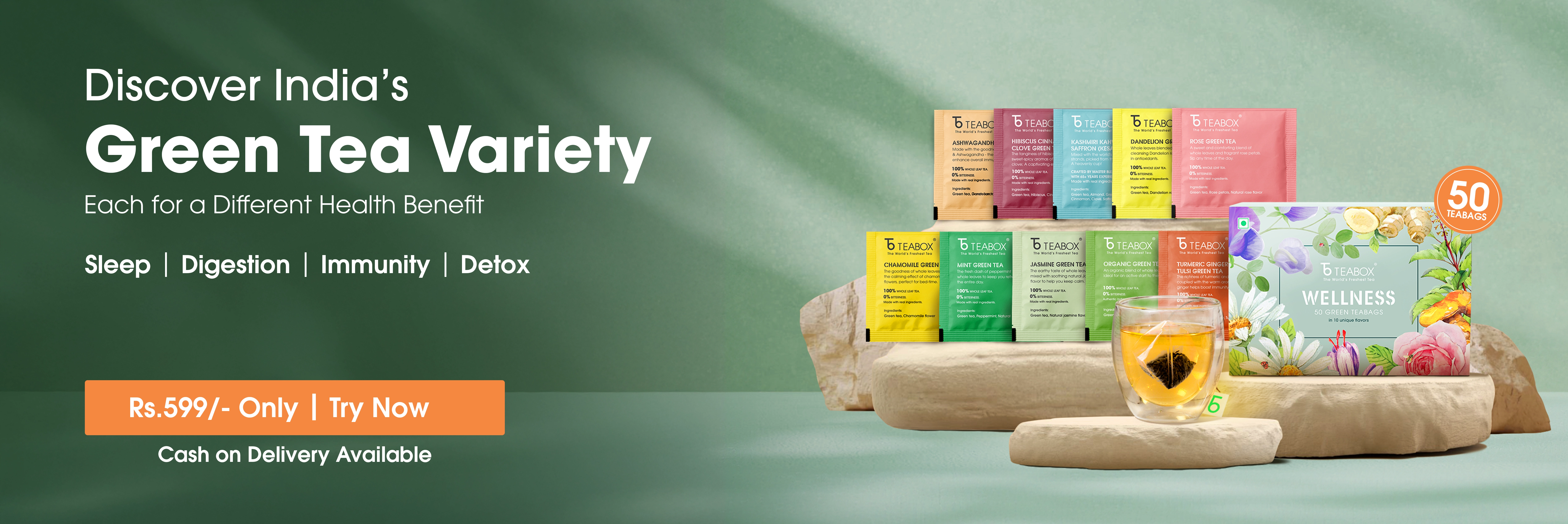 An advertisement for Teabox green tea, showing a variety of tea bags, a box, and a glass of tea.